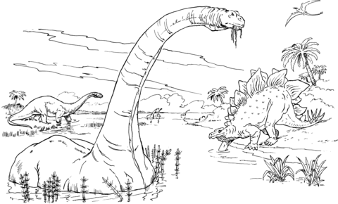 Brontosaurus Apatosaurus, Stegosaurus And Rhamphorhynchus Coloring Page